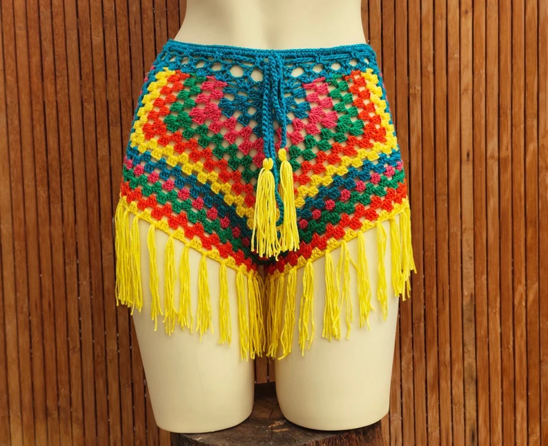 Crochet Boho Beach Shorts With Stripe Tassel