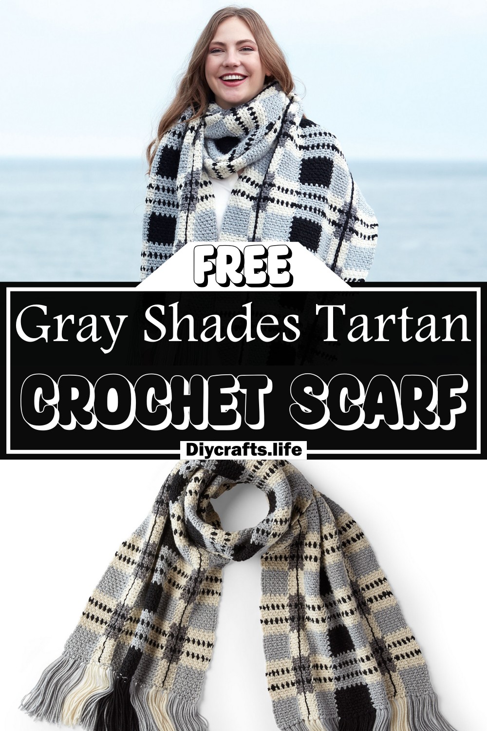 Crochet Gray Shades Tartan Scarf
