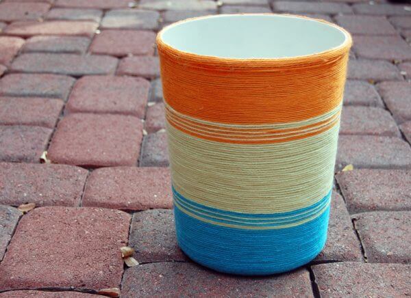 Trash can be wrapped with yarn
