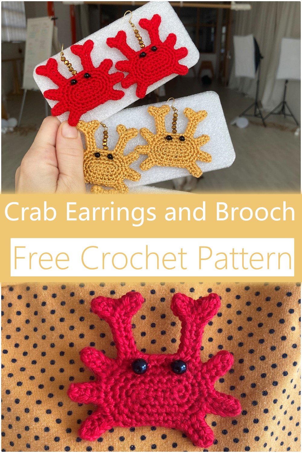 Crochet Earrings And Brooch In Crab Design