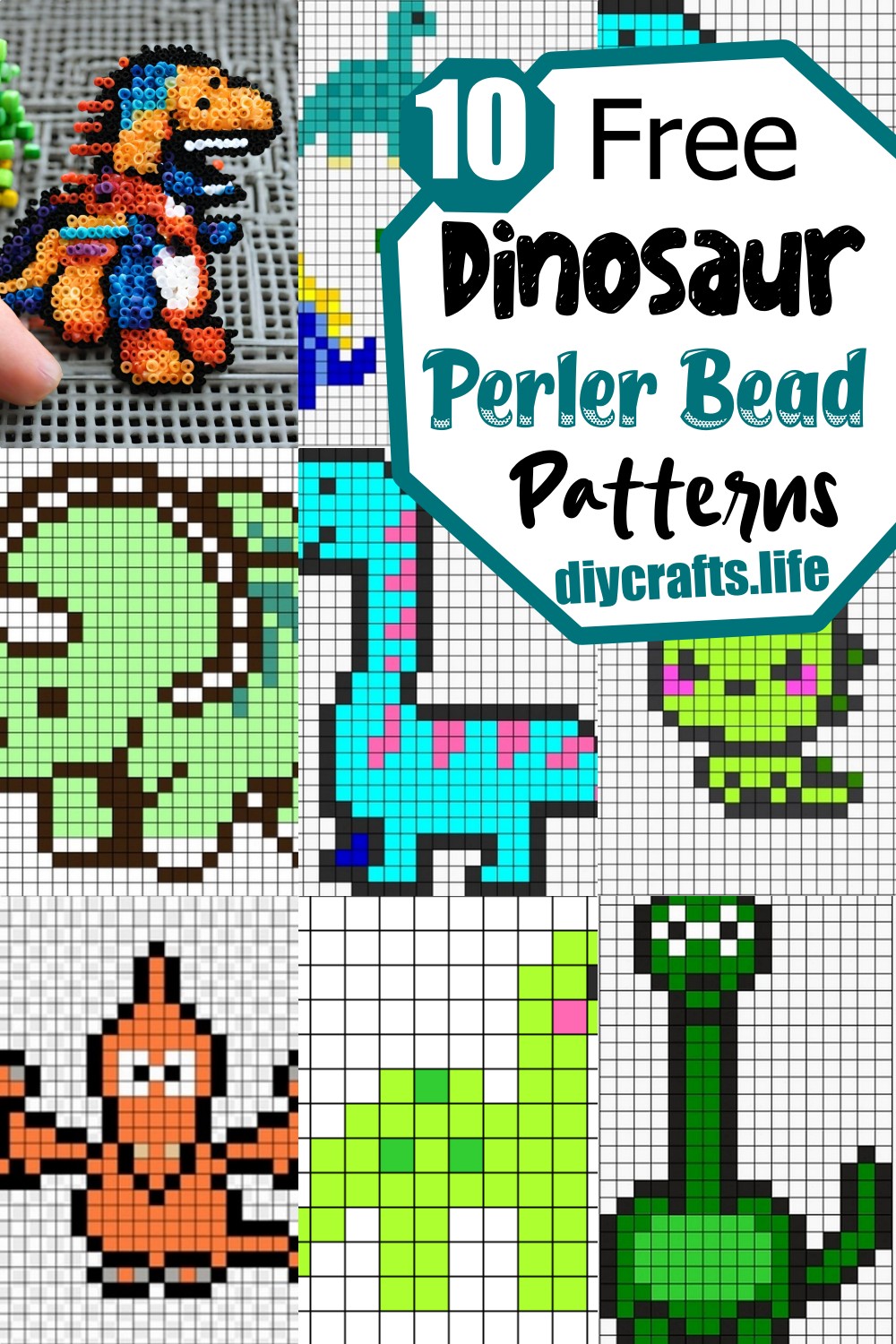 10 Dinosaur Perler Beads Patterns For Prehistoric Fun - DIY Crafts