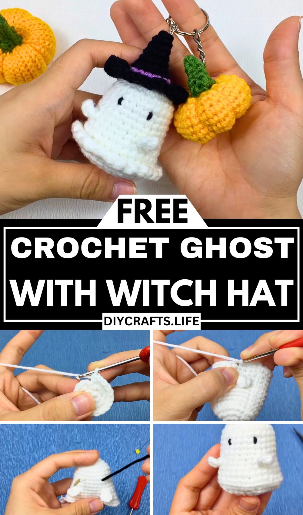 Crochet Halloween Ghost with Witch Hat – Keychain, Decoration, & More