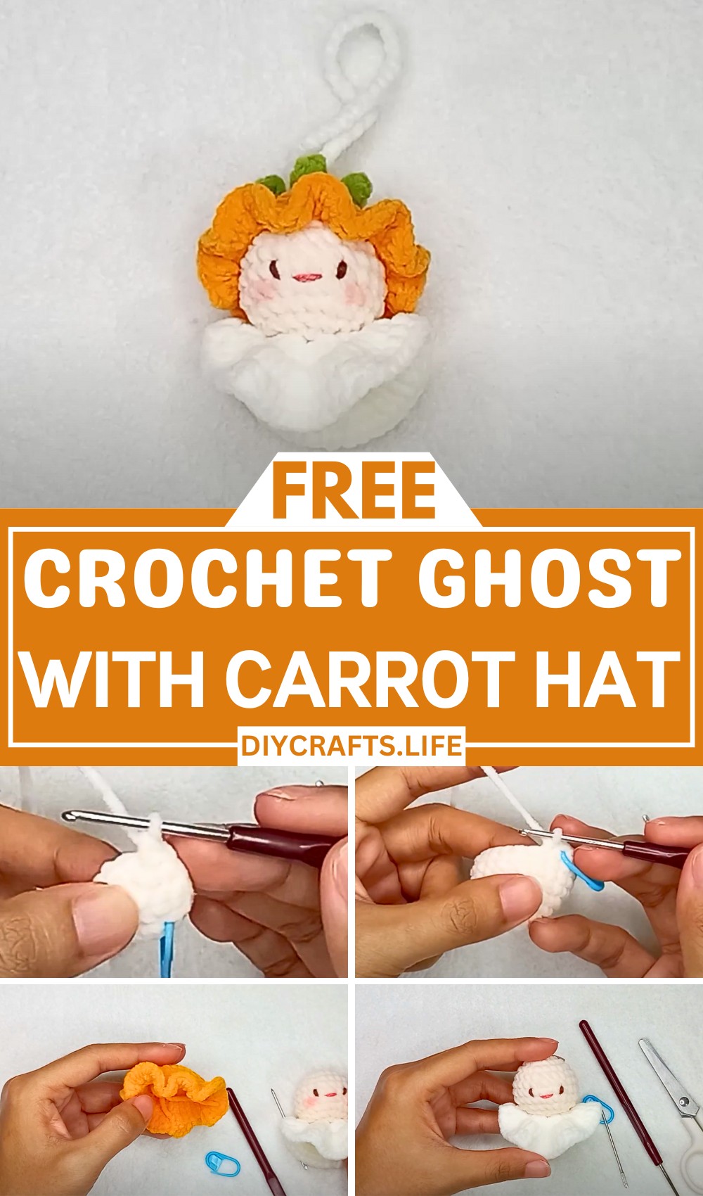 Crochet Mini Ghost Topped with a Carrot Hat for Festive Decorations