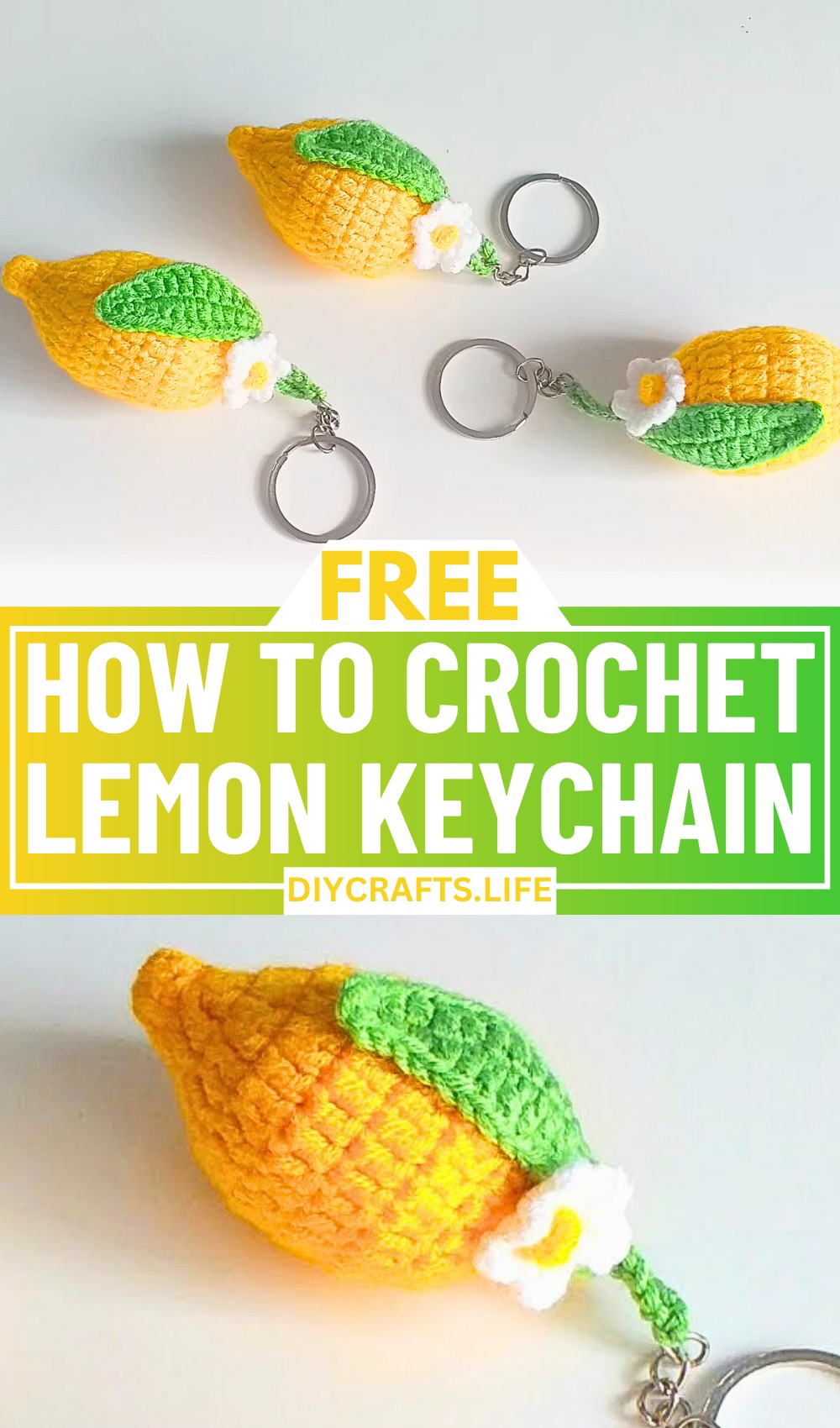 Crochet Lemon Keychain Tutorial with Leaves and Flower Details