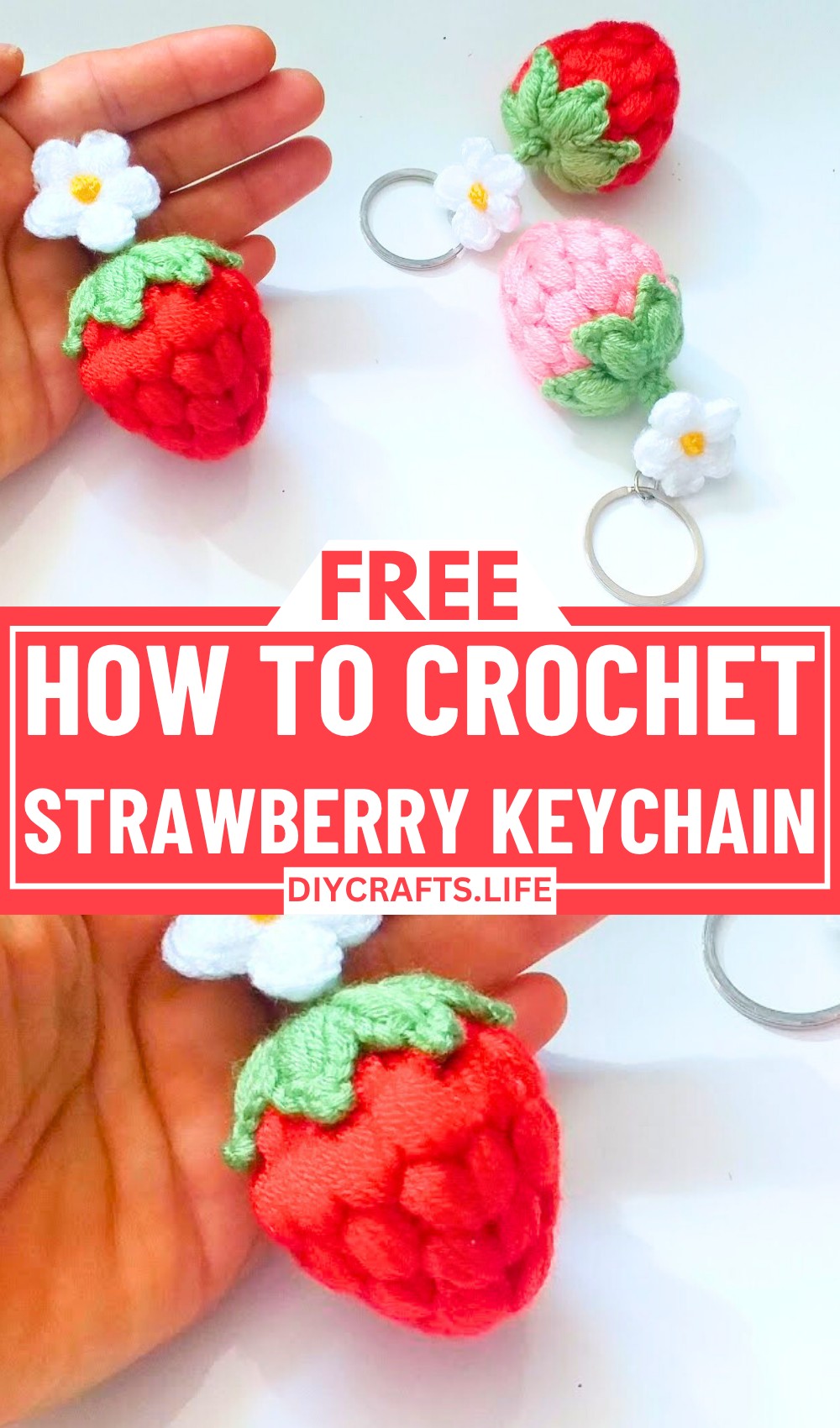 Crochet Puff Stitch Strawberry Keychain with Step-by-Step Instructions