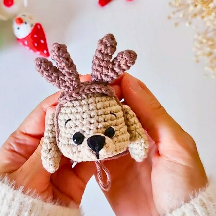 Crochet Dog With Reindeer Ears Christmas Ornament