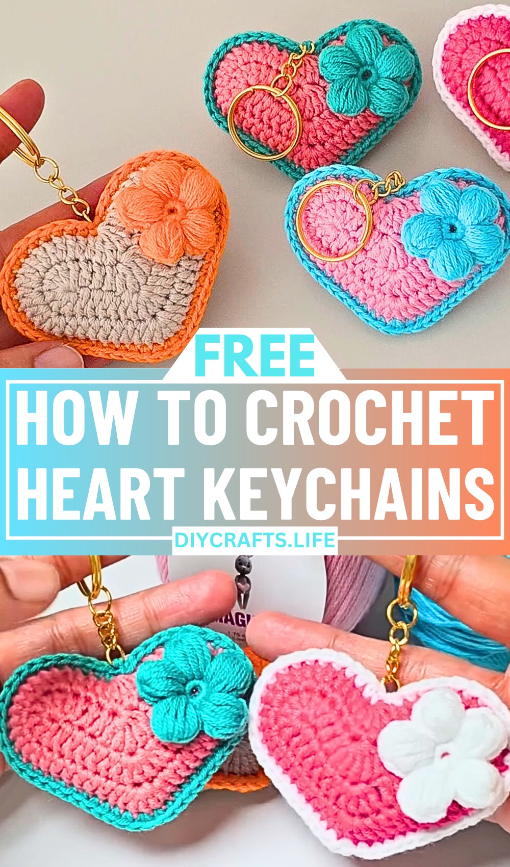 How to Crochet Heart Keychains with Puff Flower Embellishments
