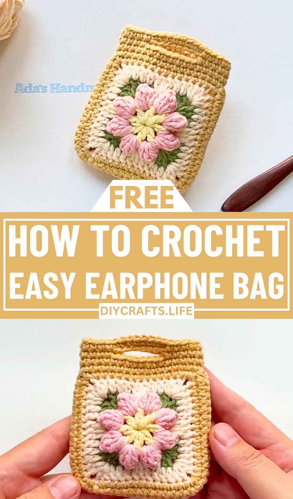 Crochet Flower Granny Square Earphone Bag Pattern