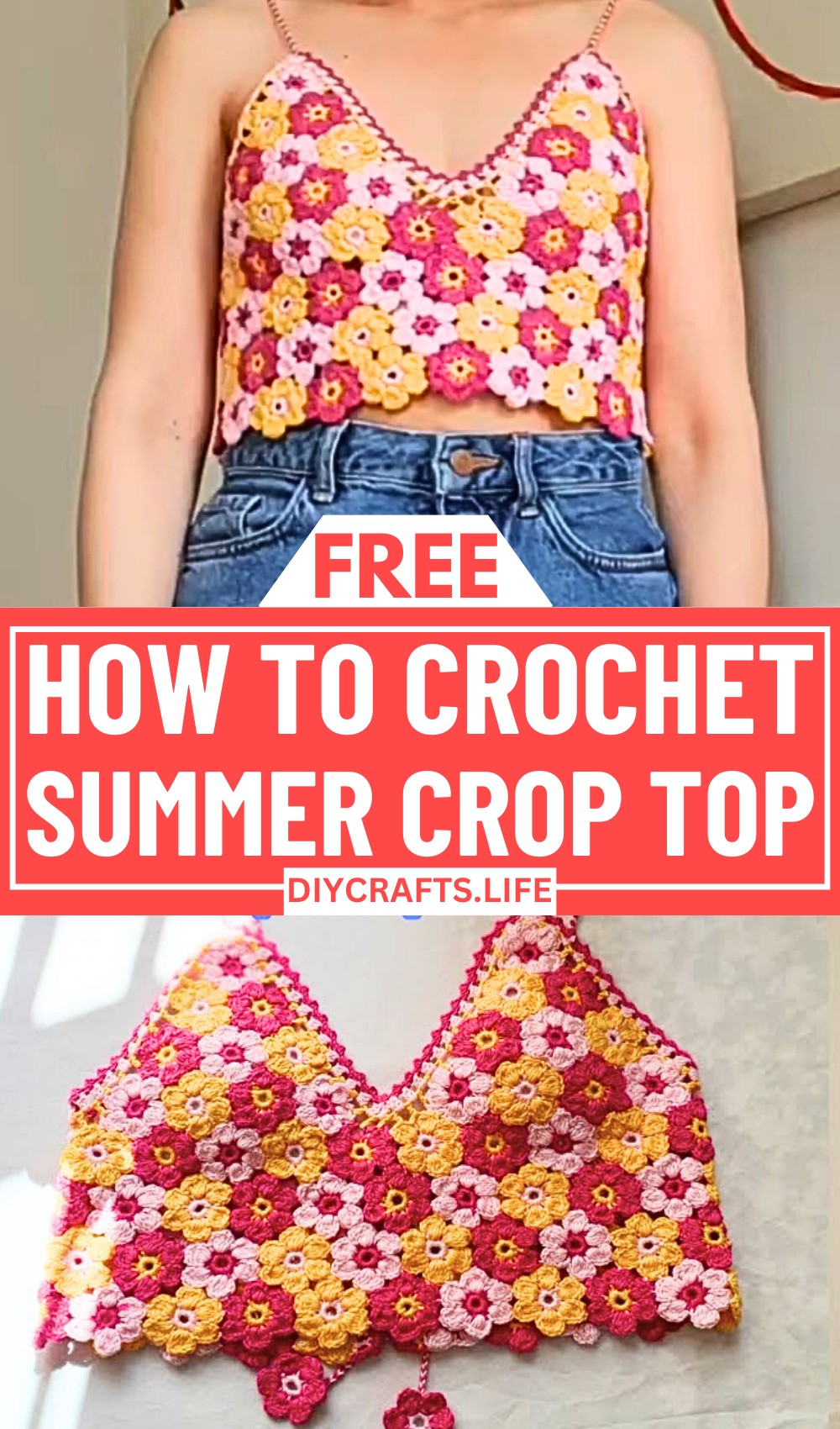 Crochet Summer Crop Top with Floral Lace Details