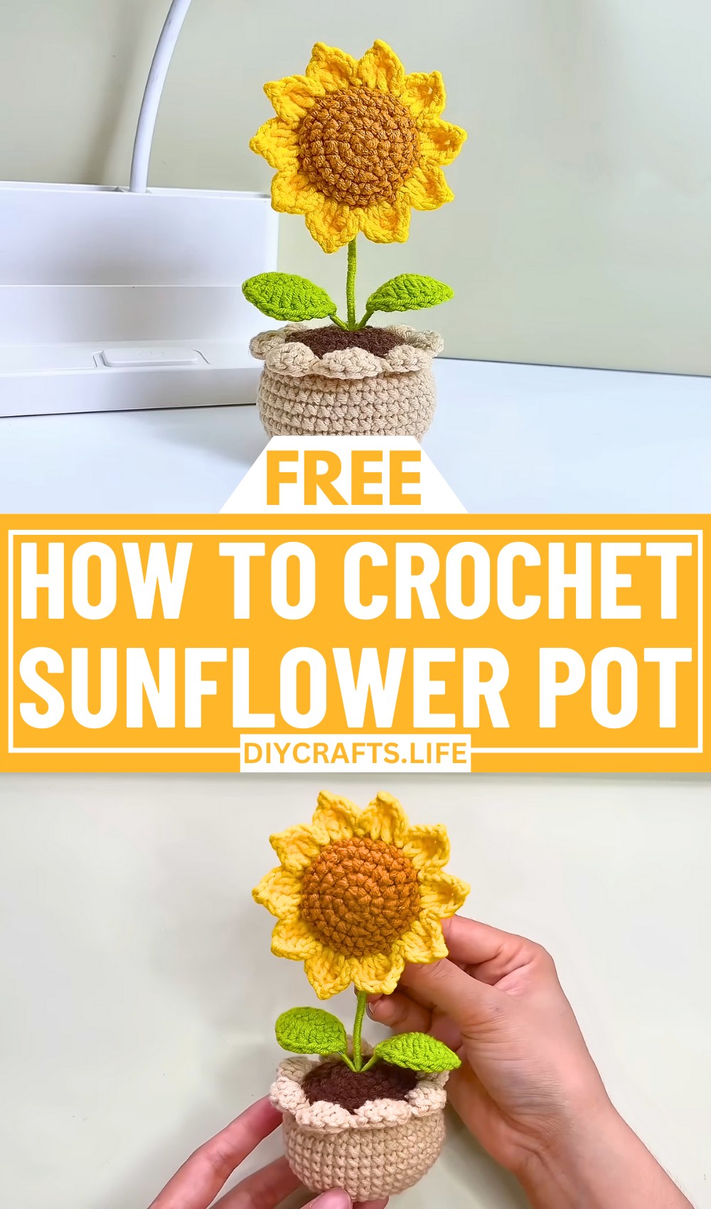 Crochet Sunflower Pot Design with Petals, Leaves, and Pot
