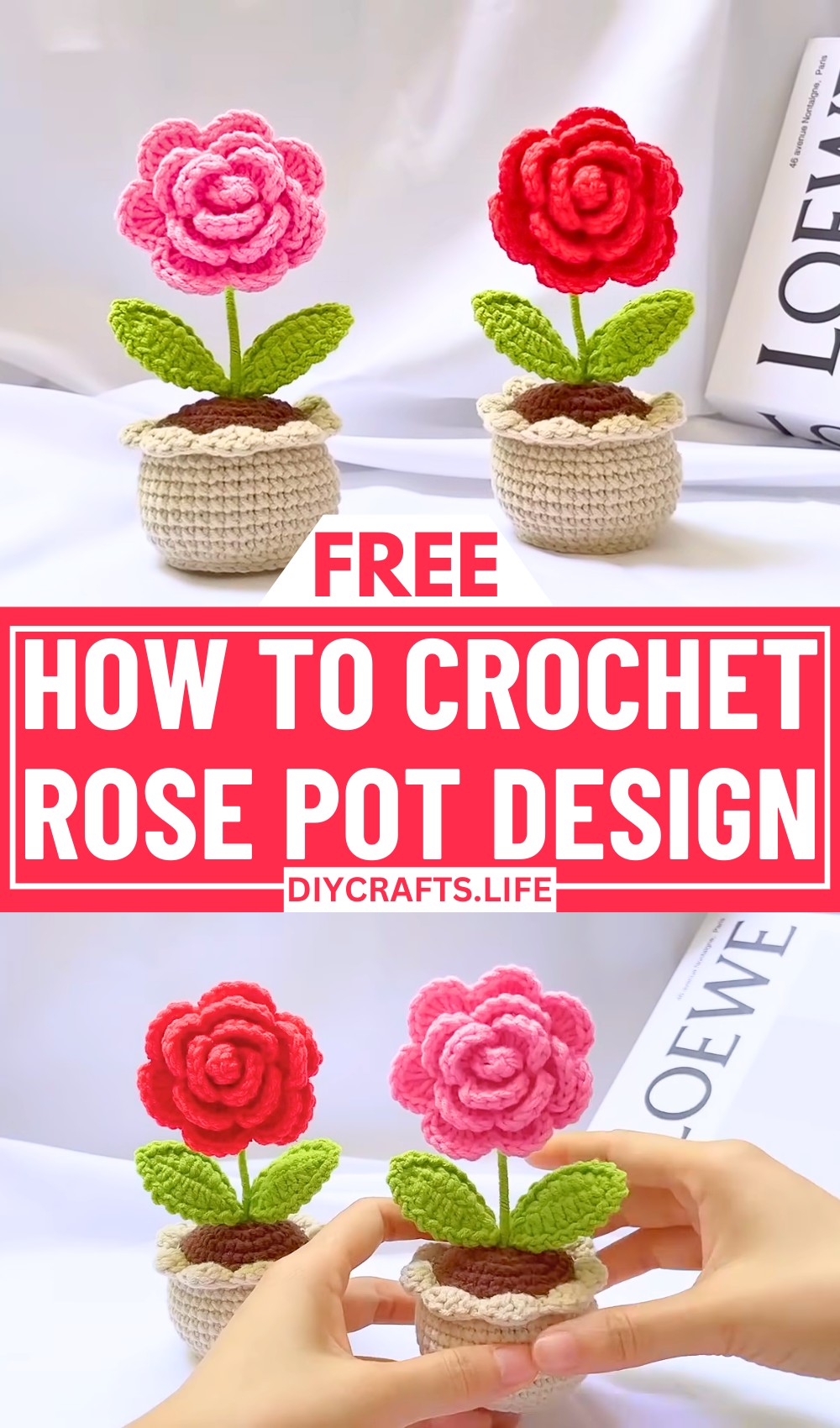 Easy Crochet Rose Pot Design with Petals and Leaves