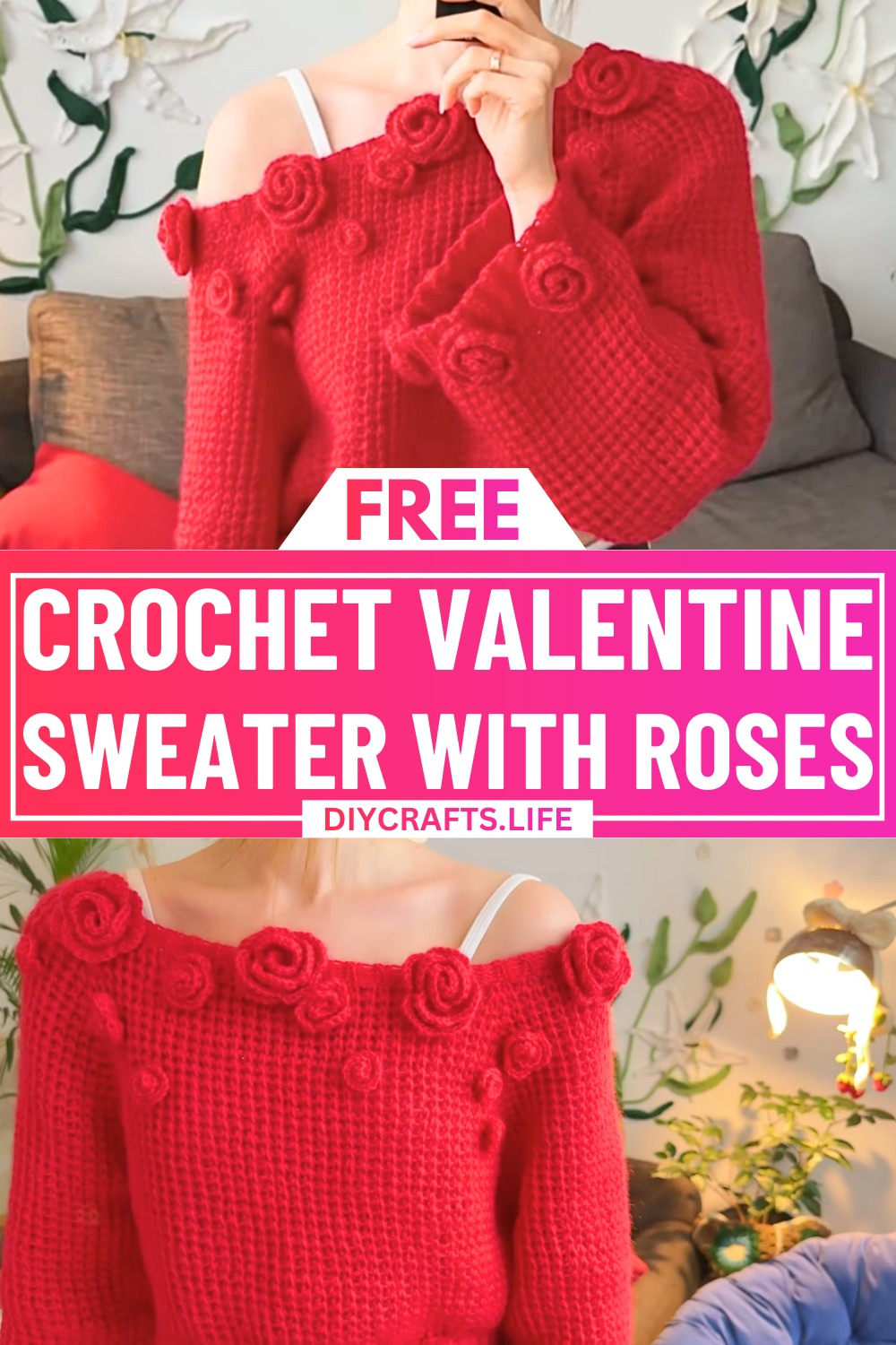 Crochet Valentine Sweater with Roses – Romantic and Elegant