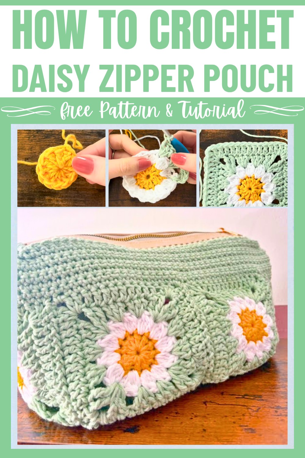 Crochet Daisy Granny Square Zipper Pouch with Floral Design