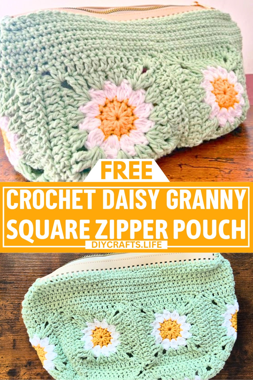 Crochet Daisy Granny Square Zipper Pouch with Floral Design