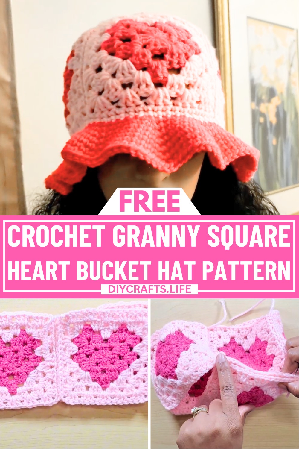 Crochet Granny Square Heart Bucket Hat