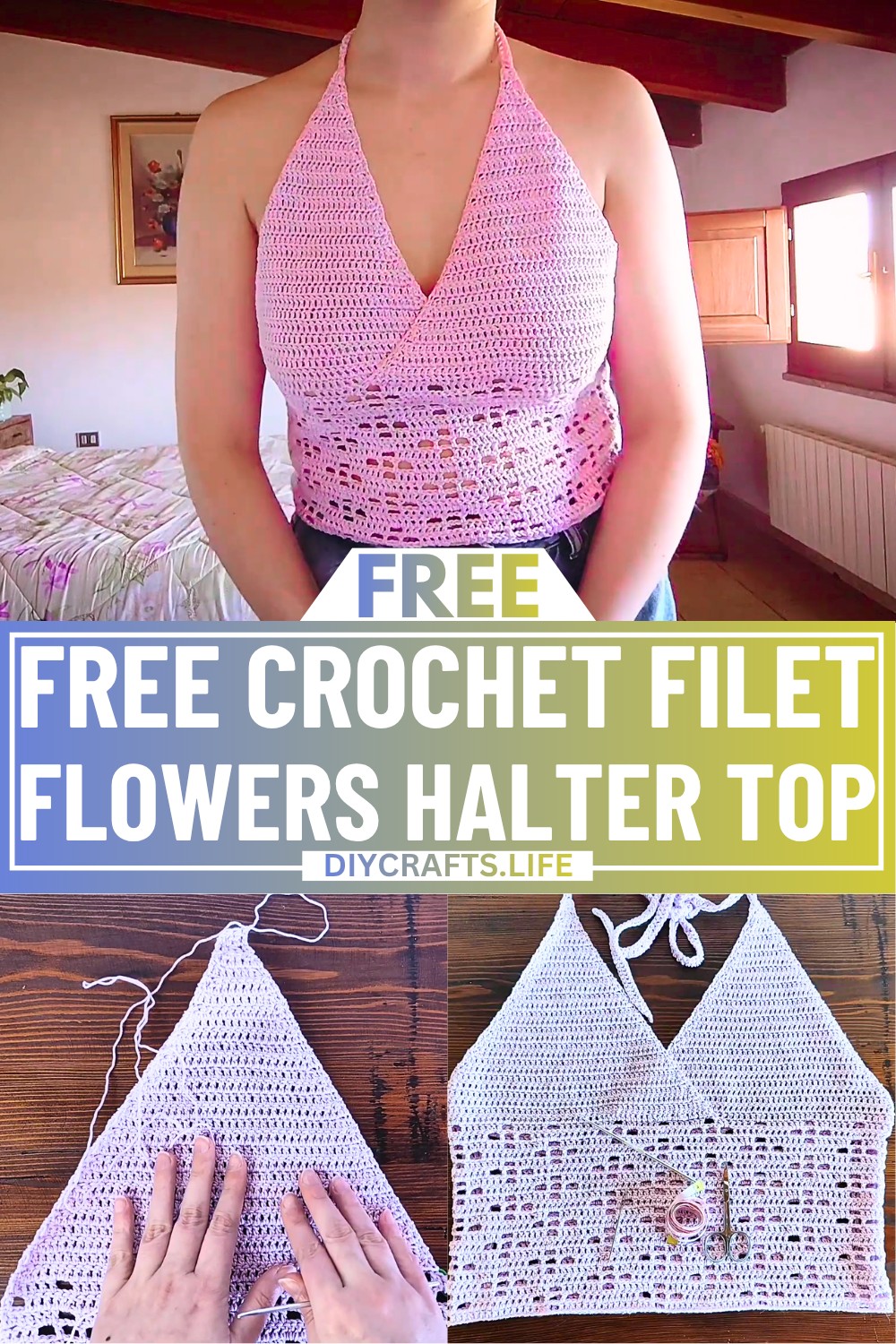Free Crochet Filet Flowers Halter Top Tutorial
