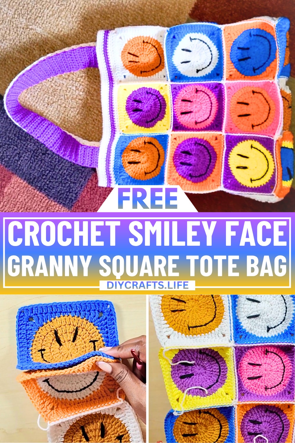 Crochet Smiley Face Granny Square Tote bag