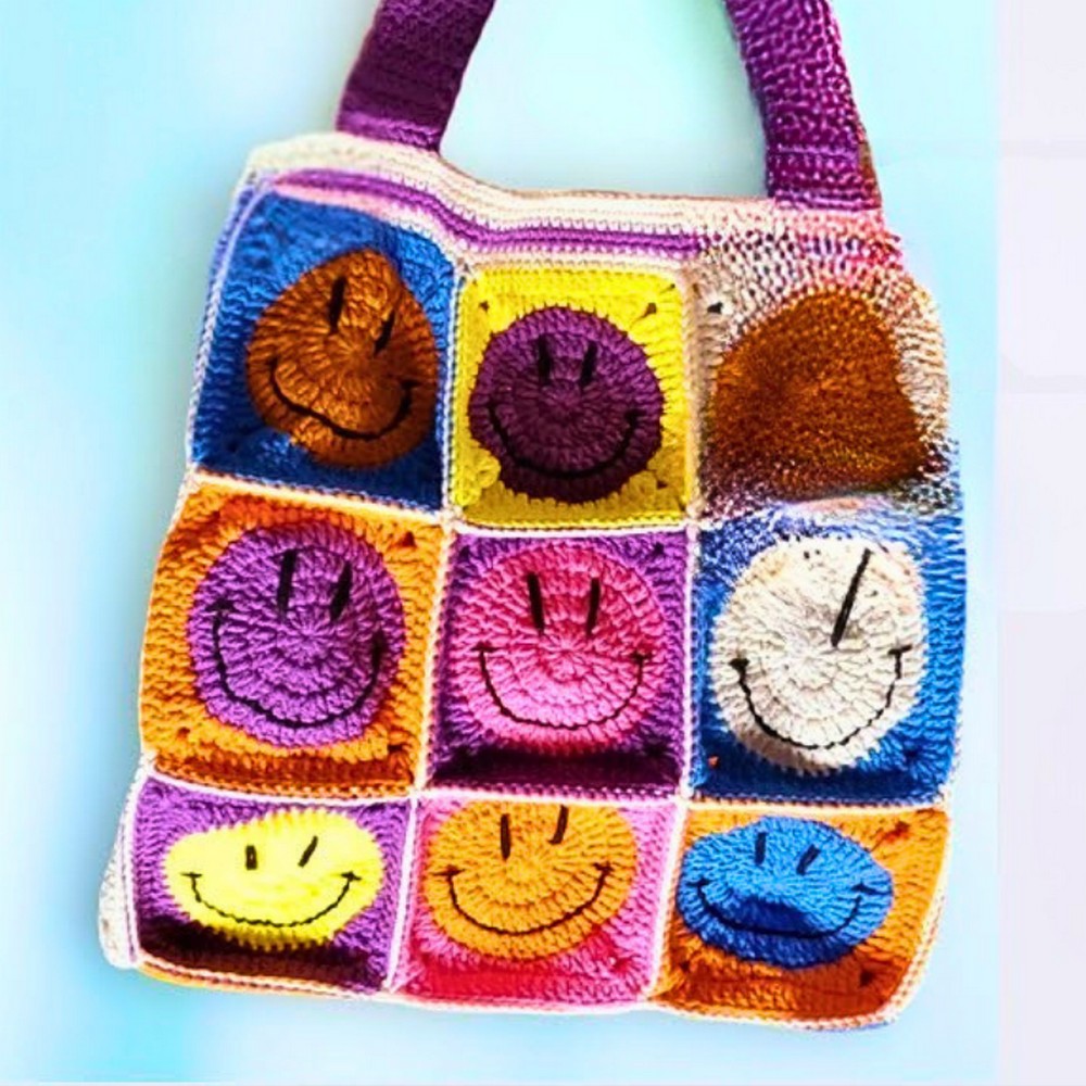 Crochet Smiley Face Granny Square Tote bag