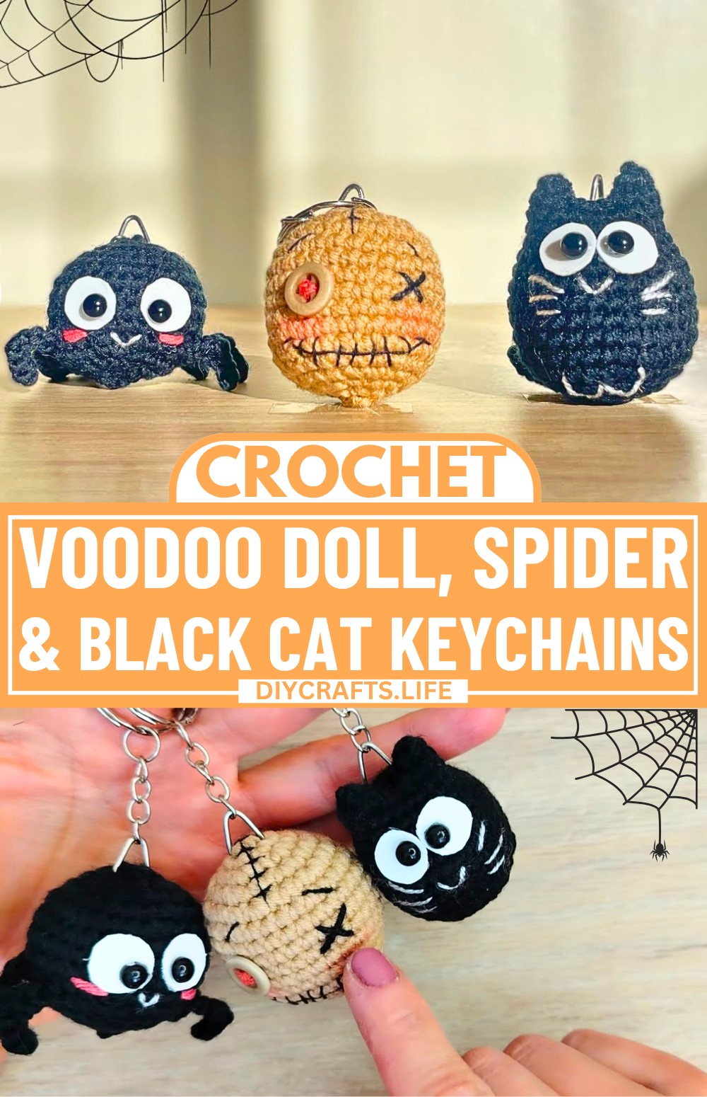 How to Crochet Voodoo Doll, Spider & Black Cat Keychains Pattern