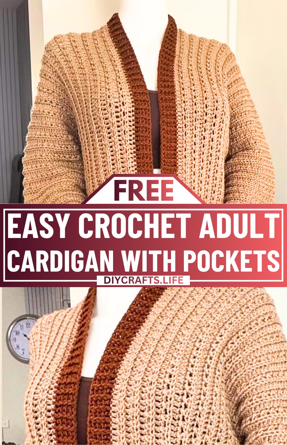 Crochet Adult Cardigan with Pockets and 2-Row Pattern