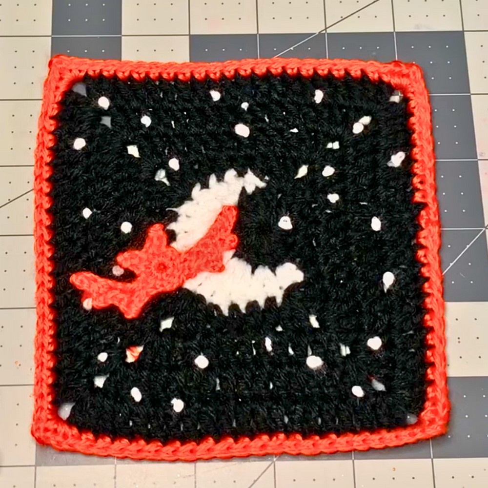 Crochet Halloween Moon Granny Square with Bat & Stars