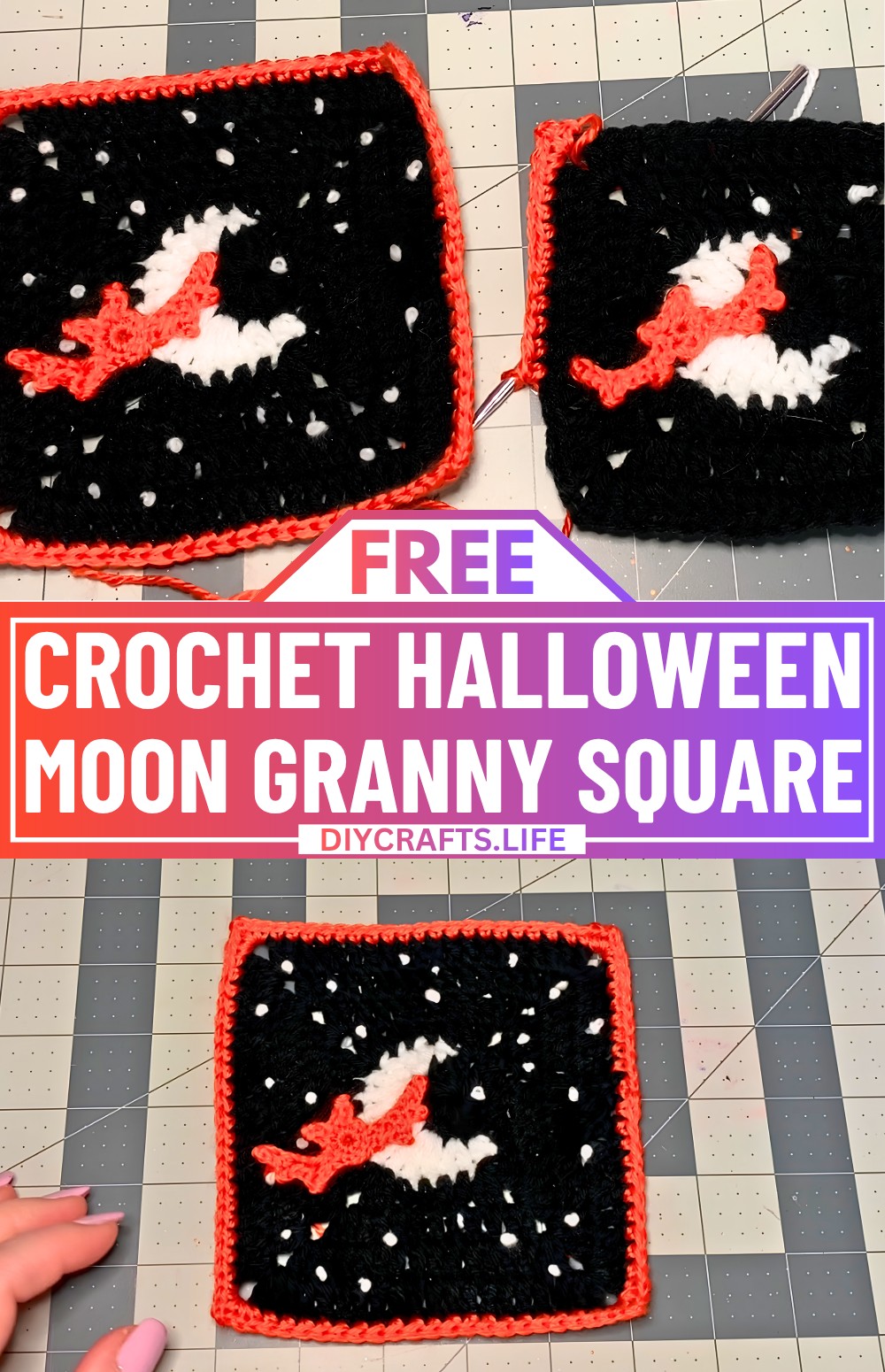 Crochet Halloween Moon Granny Square with Bat & Stars