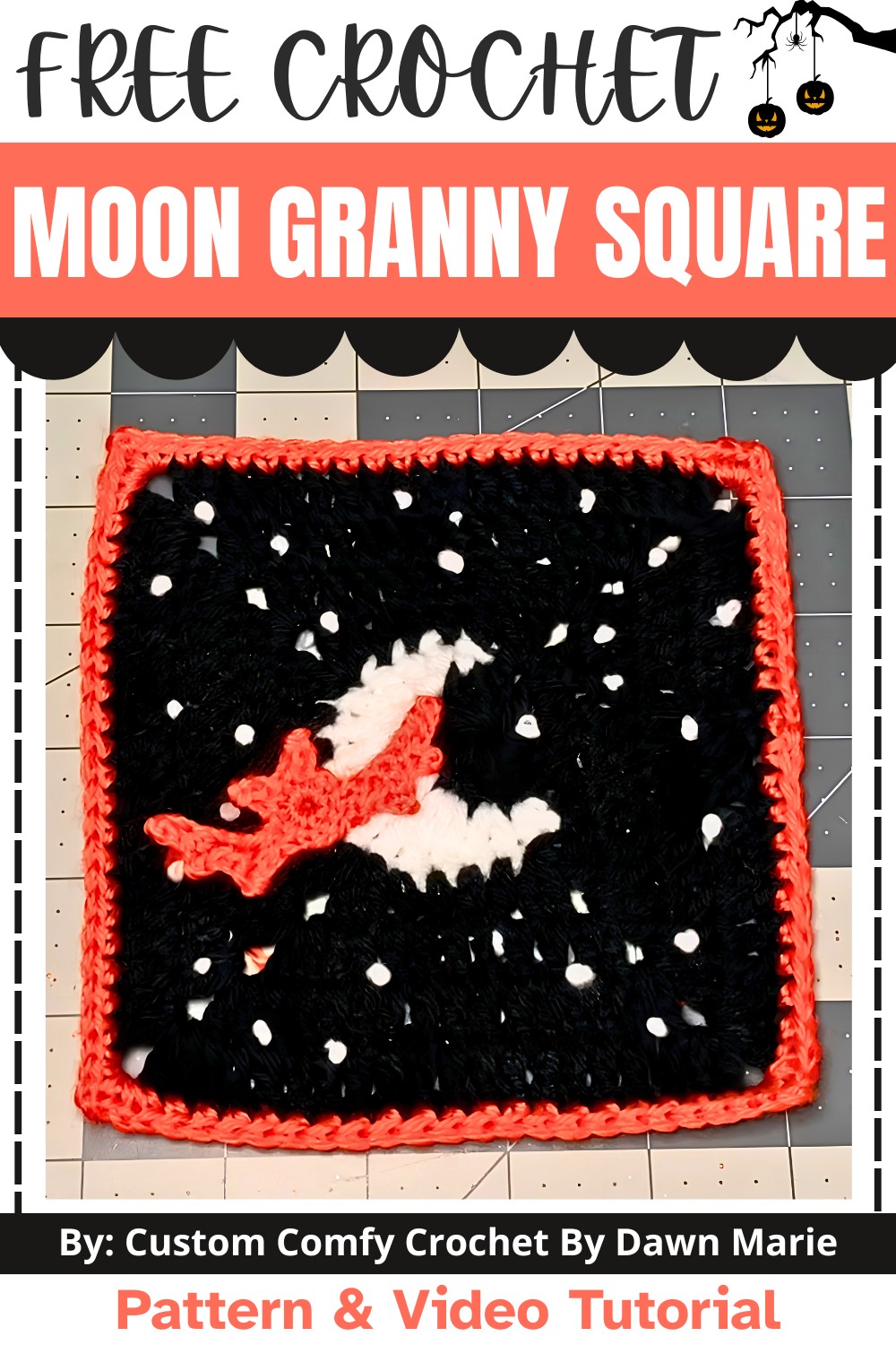 Crochet Halloween Moon Granny Square with Bat & Stars