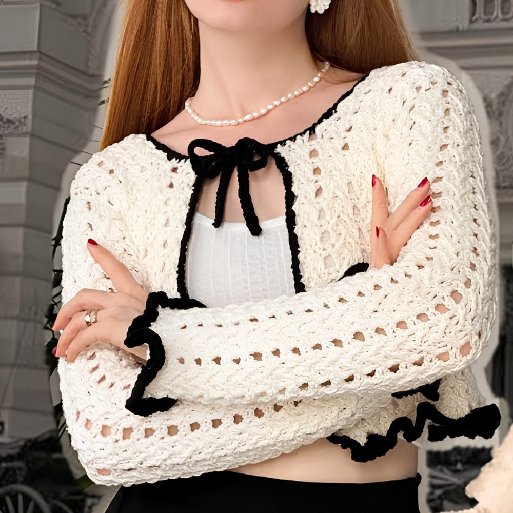Crochet Old Money Cardigan with Black Edging and Ties