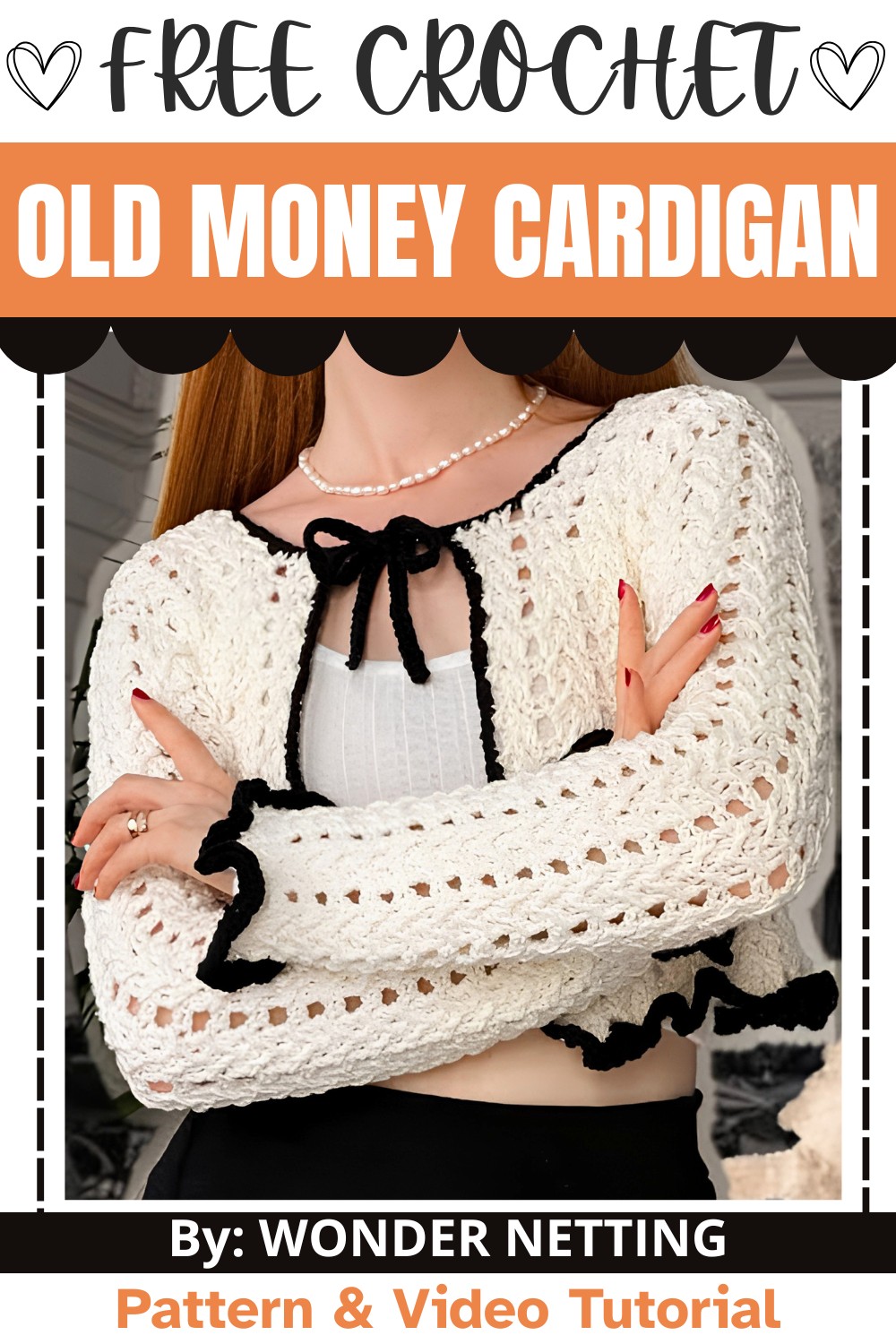 Crochet Old Money Cardigan with Black Edging and Ties