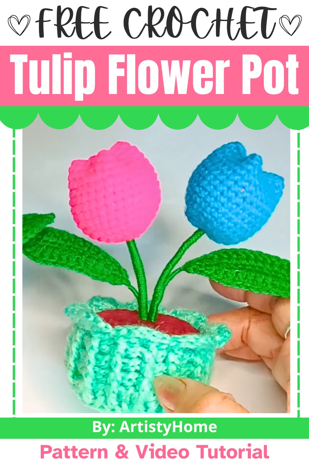 Crochet Tulip Flower Pot Tutorial - Make Flowers with Leaves