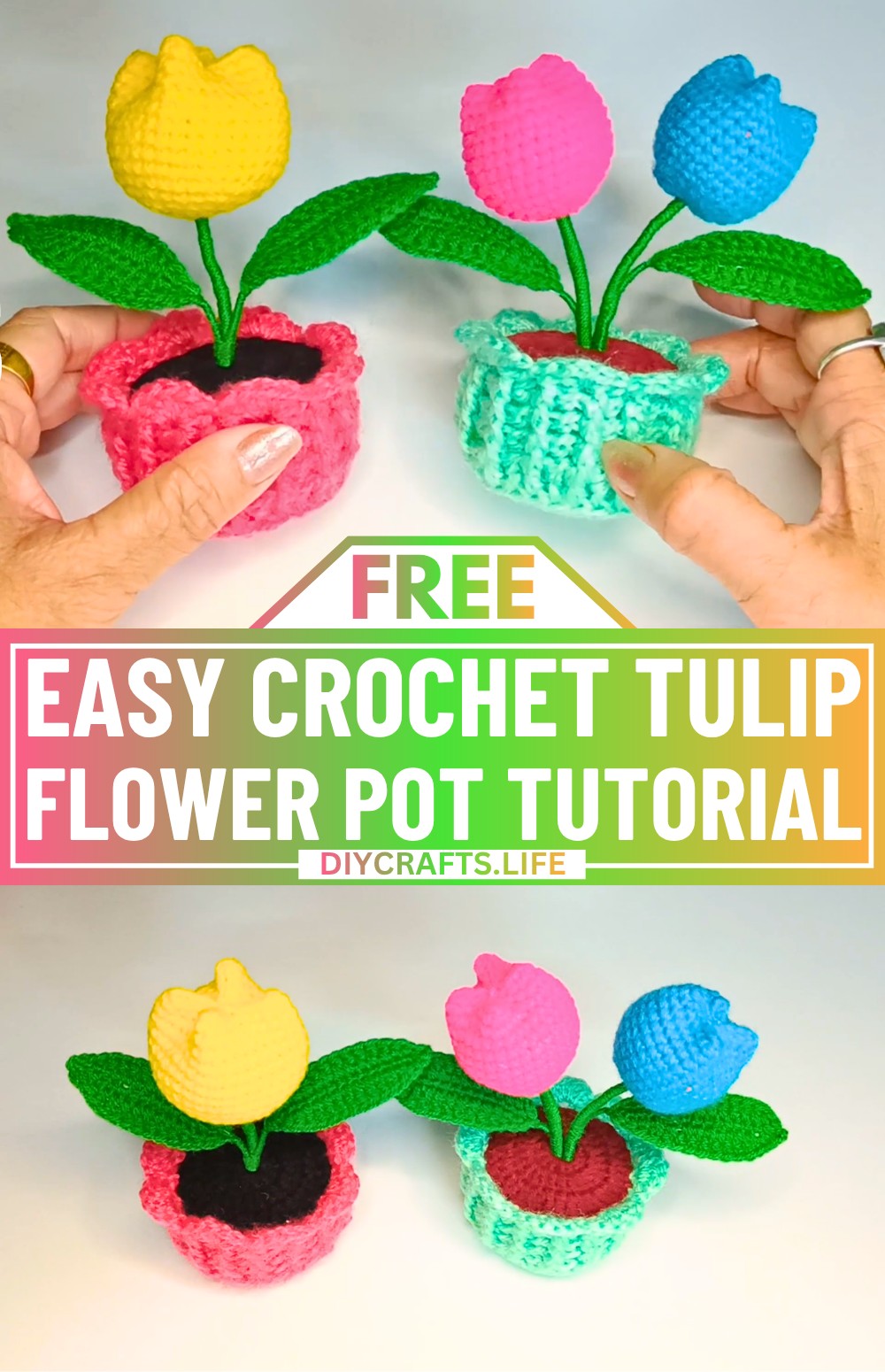 Crochet Tulip Flower Pot Tutorial - Make Flowers with Leaves