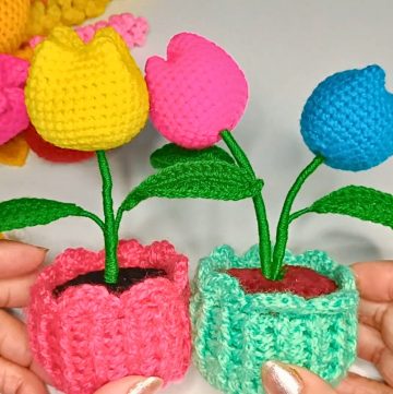 Crochet Tulip Flower Pot Tutorial - Make Flowers with Leaves