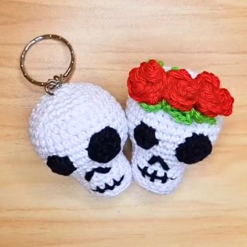 Crocheted Amigurumi Skull with Flowers Perfect for Halloween