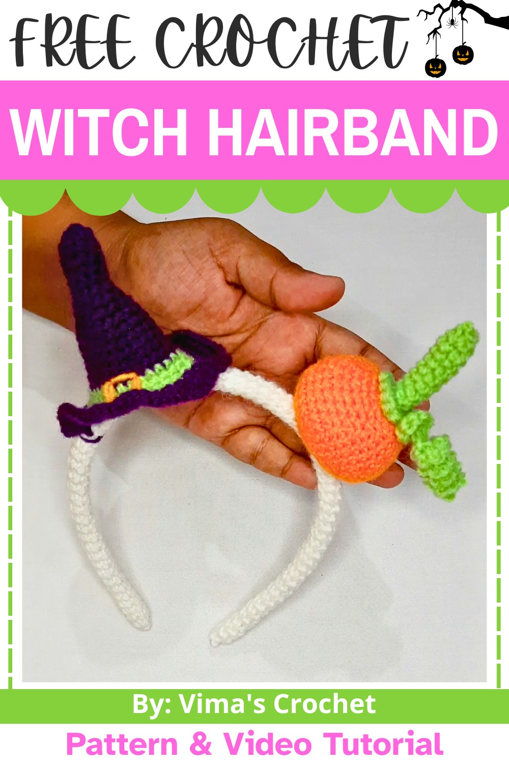 Easy Crochet Witch Hairband with Pumpkin & Hat