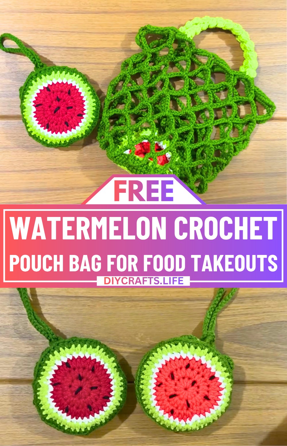 Watermelon Crochet Pouch Bag with Mesh for Food Takeouts